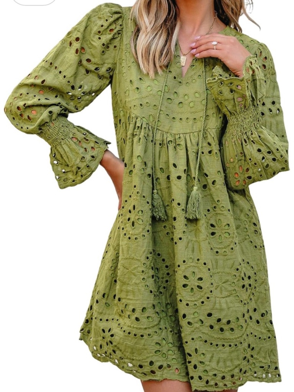 Boho Olive Eyelet Tassel Mini Dress
